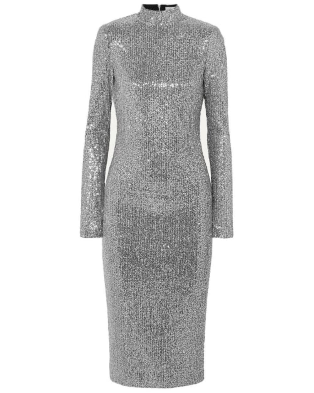 Rebecca Vallance Mona Midi Dress Long Sleeve Sequins Holiday Silver Metallic 4